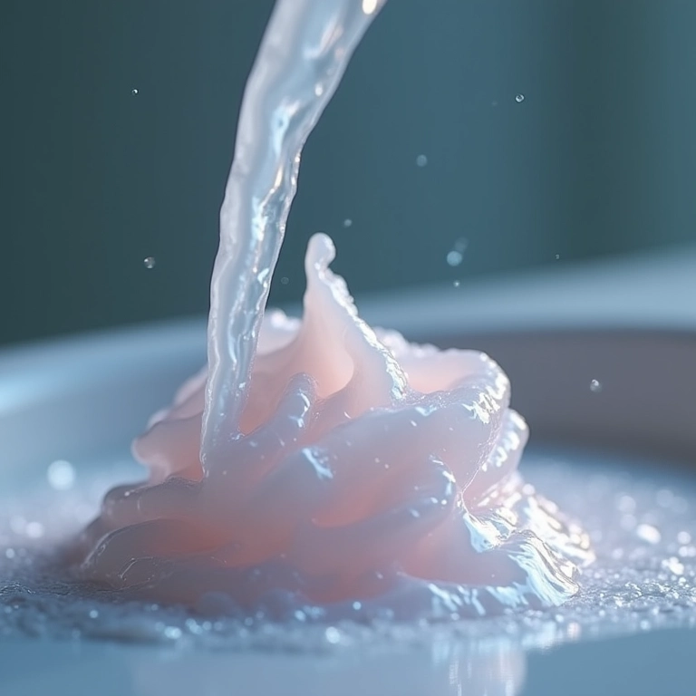 Shampoo perolado sendo dispensado, mostrando seu brilho e textura.