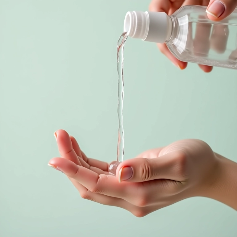 Shampoo transparente sendo despejado na mão, mostrando sua clareza.