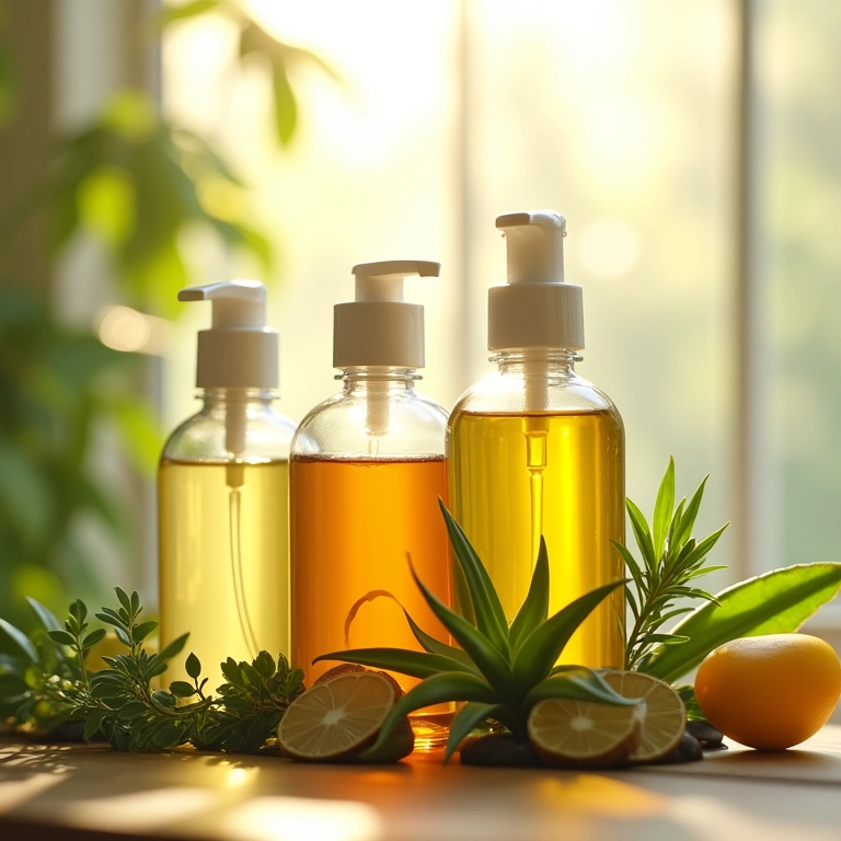 Shampoos com ingredientes naturais como aloe vera e alecrim.