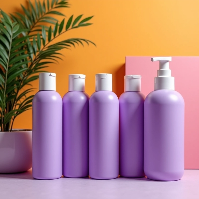 Shampoos matizadores variados em um banheiro colorido.