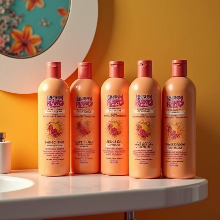 Shampoos para cabelos ondulados em prateleira de banheiro colorida.