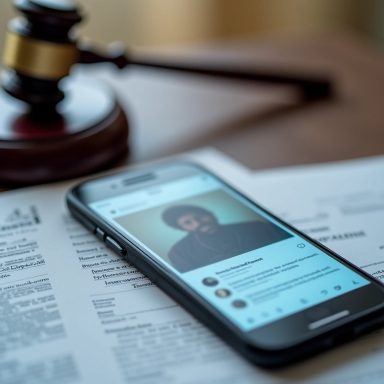 Smartphone mostrando perfil de rede social borrado, documentos legais e um martelo.