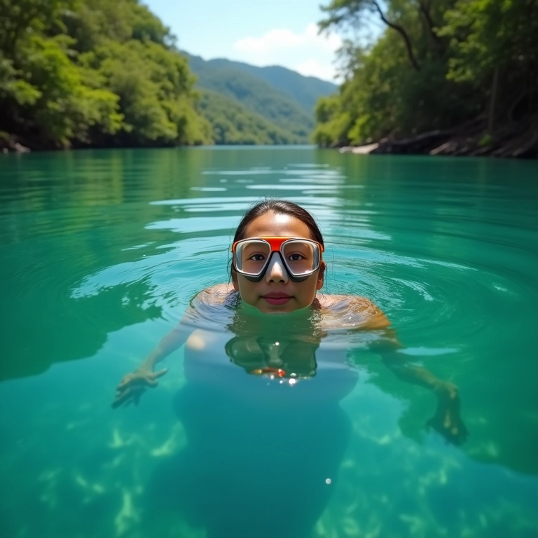 Snorkeler flutuando em rio de água doce cristalina em Bonito, MS.