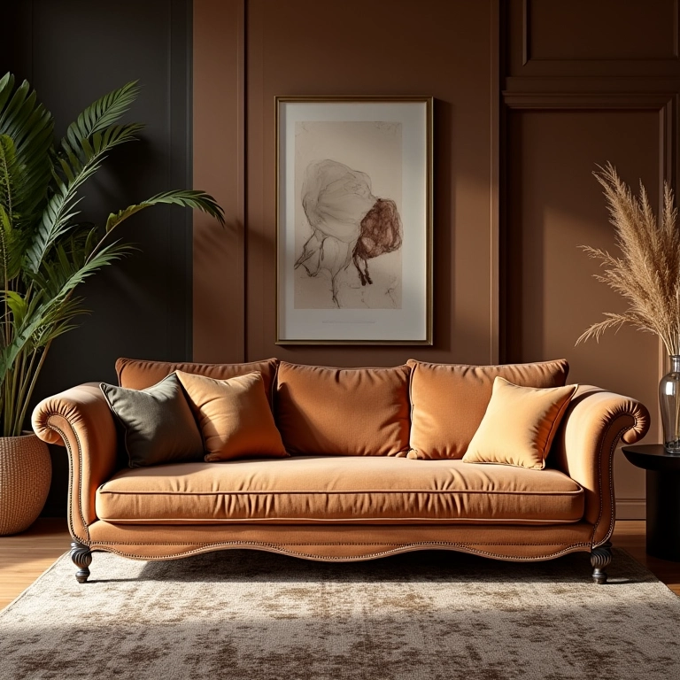 Sofá de luxo artesanal em sala de estar vibrante com design brasileiro.