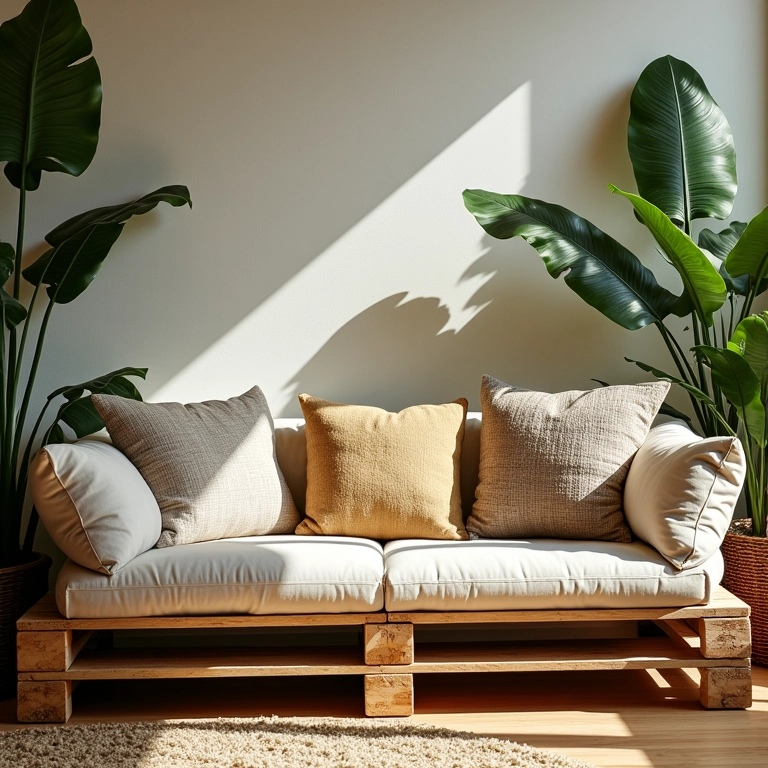 Sofá de pallet confortável em sala de estar brasileira ensolarada.