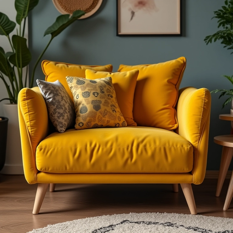 Sofá de veludo amarelo mostarda em uma sala de estar com design brasileiro.