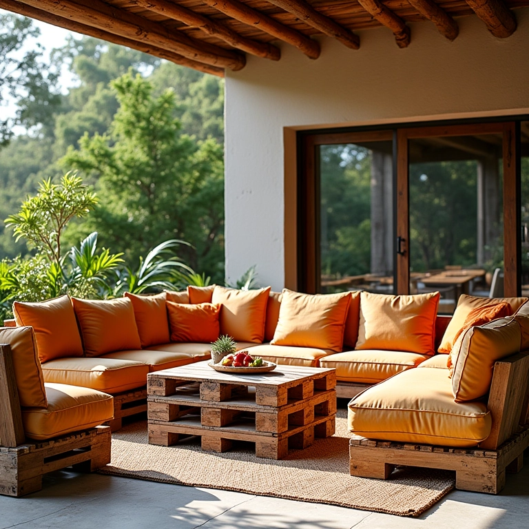 Sofá e poltronas confortáveis feitos de pallets em uma varanda ensolarada.