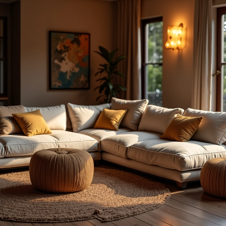 Sofá grande e confortável em uma sala de TV aconchegante.