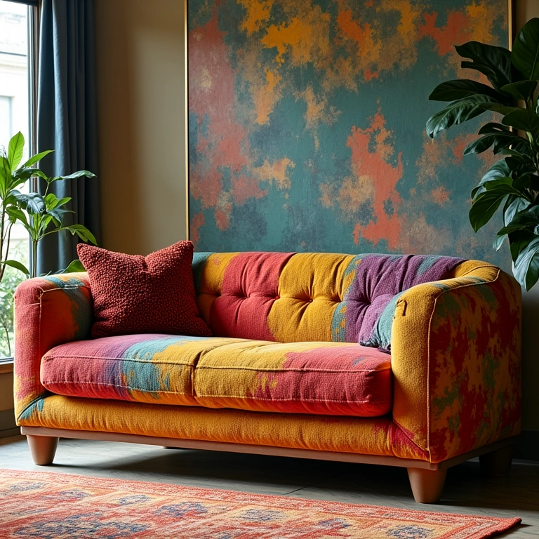 Sofá inspirado nos Irmãos Campana com texturas e cores vibrantes.