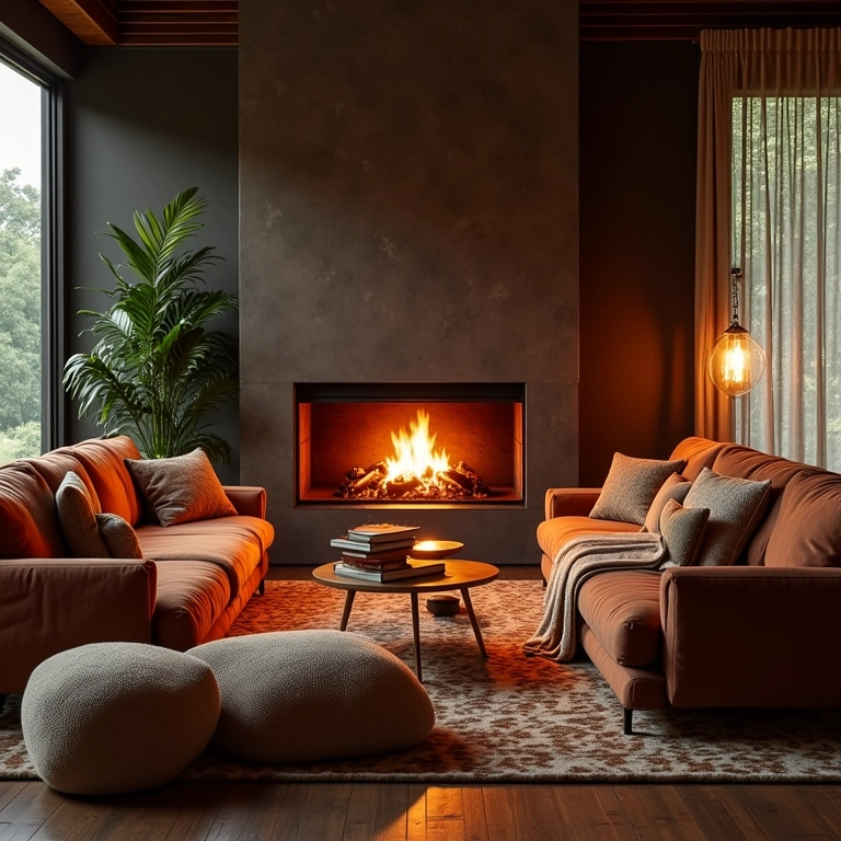 Sofás e poltronas confortáveis em torno de uma lareira, com tecidos brasileiros.