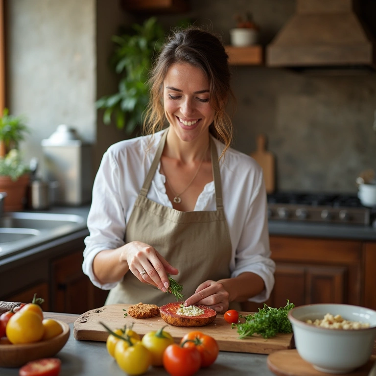 Solo female traveler attending Portuguese cooking class, 8K, natural light, sharp focus, Mulher participando de aula de culinária em Portugal.