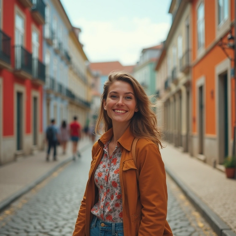 Solo female traveler enjoying a vibrant Lisbon street, 8K quality, natural lighting, lifestyle Mulher viajando sozinha em Lisboa, Portugal.