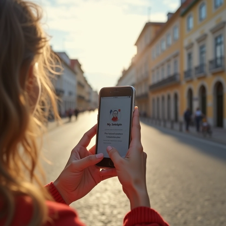 Solo female traveler using My Safetipin app on phone in Portugal, 8K, natural lighting, sharp Mulher usando aplicativo de segurança em Portugal.