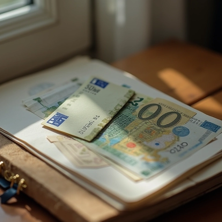 Solo traveler budgeting for Portugal trip, notebook, euros, 8K quality, natural lighting, sharp Mulher planejando orçamento para viagem a Portugal.