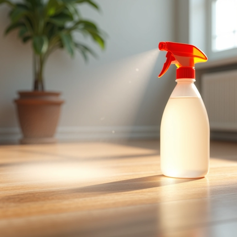 Solução caseira de água e vinagre sendo borrifada no piso laminado.