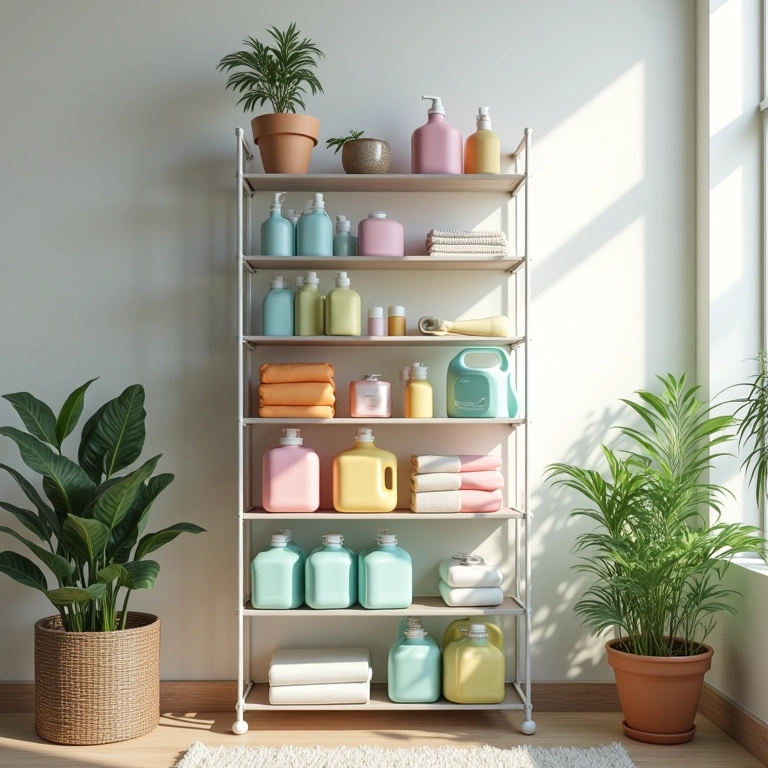 Solução vertical para lavanderia pequena: prateleiras otimizadas.