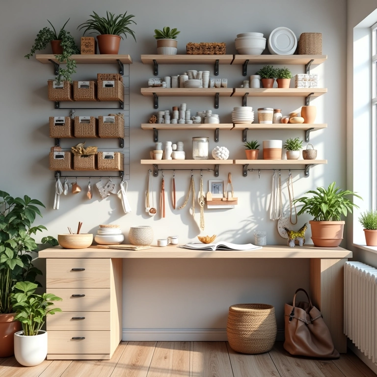 Soluções de organização vertical para otimizar um pequeno ateliê de artesanato.
