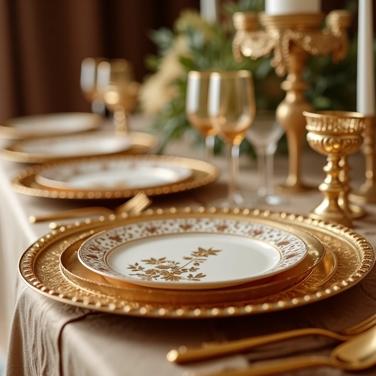 Sousplats dourados adicionando requinte à mesa de casamento.