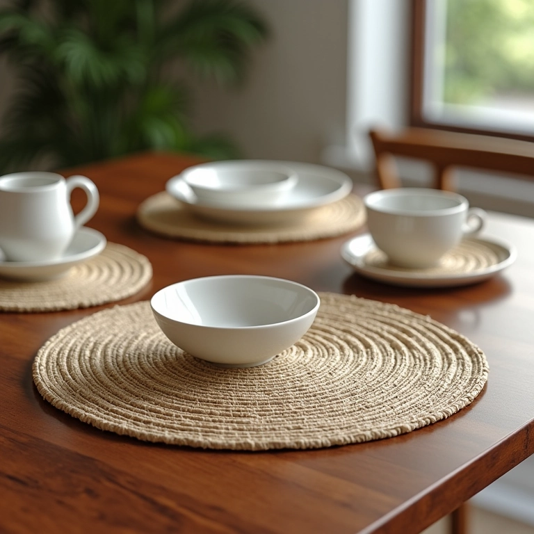 Sousplats e descansos de panela de corda de sisal em mesa de madeira.