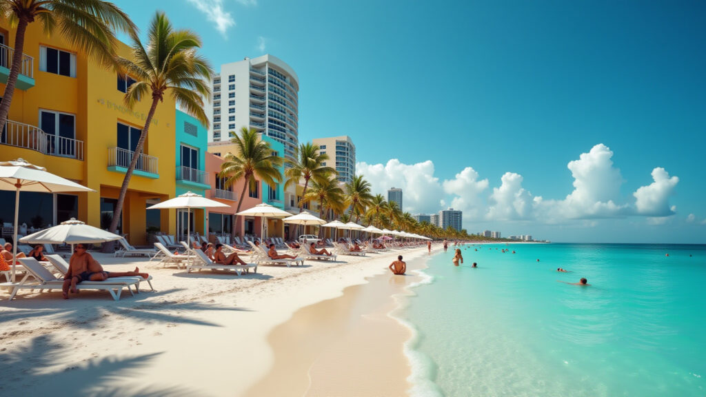 South Beach Miami, vibrant Art Deco architecture, clear turquoise water, sunbathers enjoying the South Beach Miami: Sol e arquitetura Art Deco vibrante.