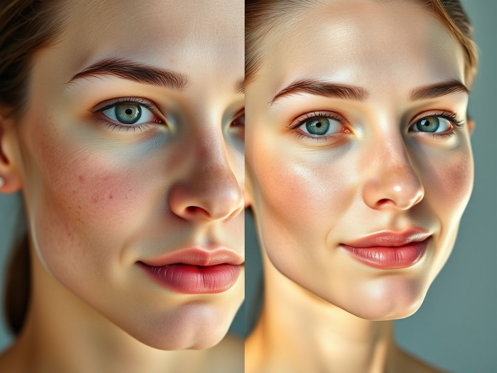 Comparação de antes e depois de uma rotina de skincare, mostrando melhora na pele com acne e vermelhidão.