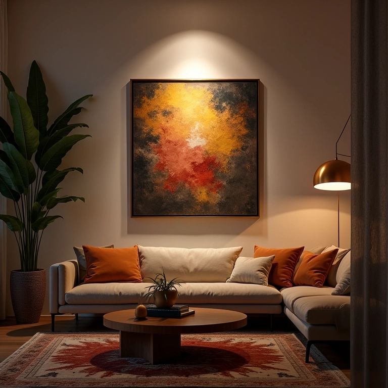 Spot direcionado destacando obra de arte em sala de estar brasileira.