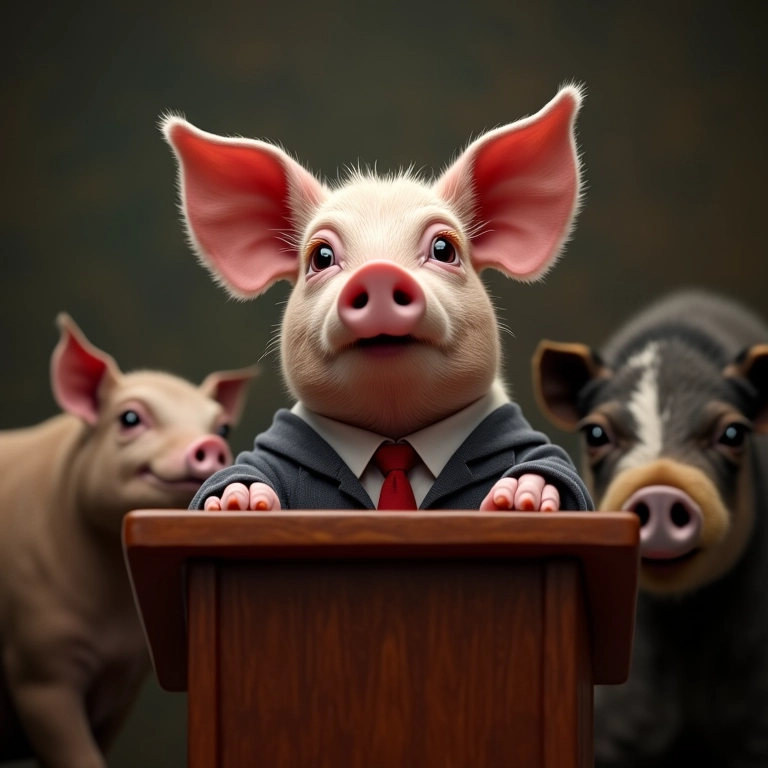 Squealer discursando em um púlpito, com expressão manipuladora.