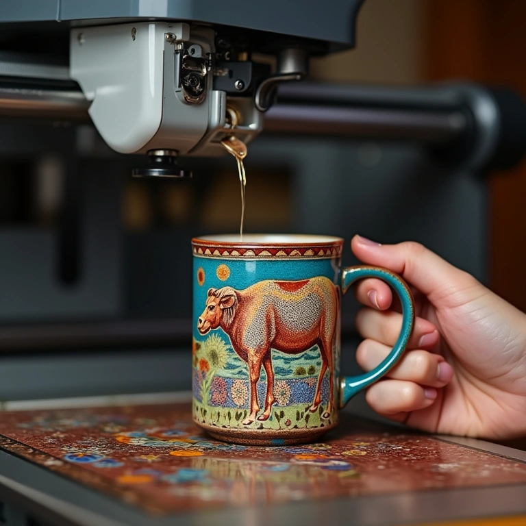 Sublimation printer transferring design onto a vibrant ceramic mug, artisan hands, 8K quality, Impressora sublimática personalizando caneca de cerâmica.