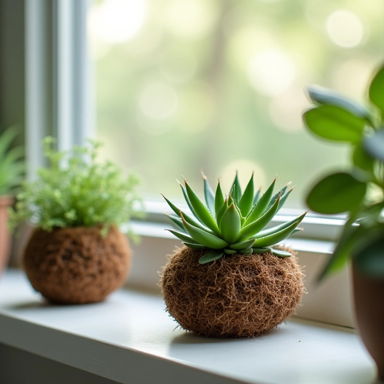 Suculentas kokedama adaptadas a ambientes internos iluminados.