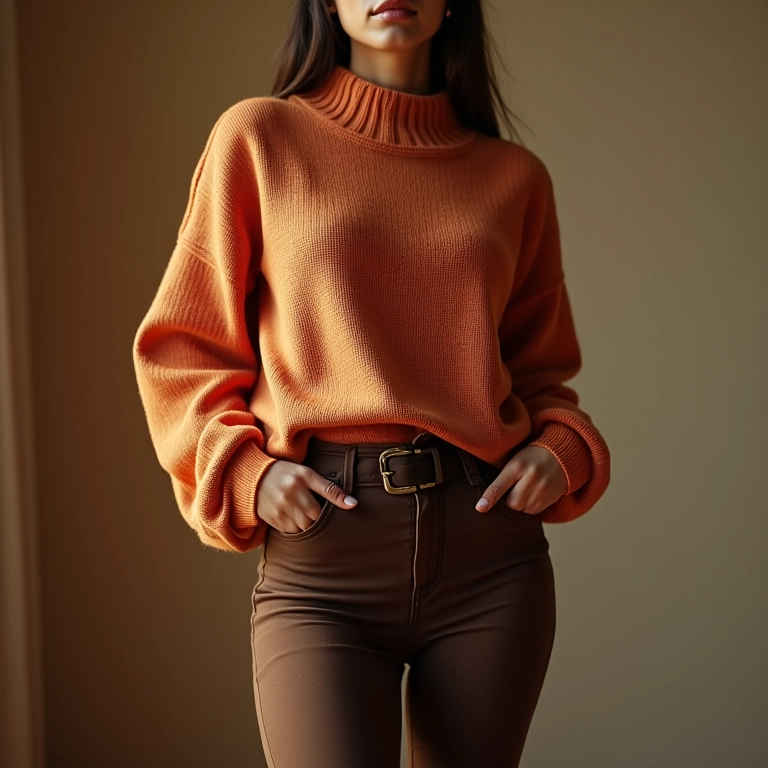 Suéter oversized com legging e cinto, marcando a cintura.