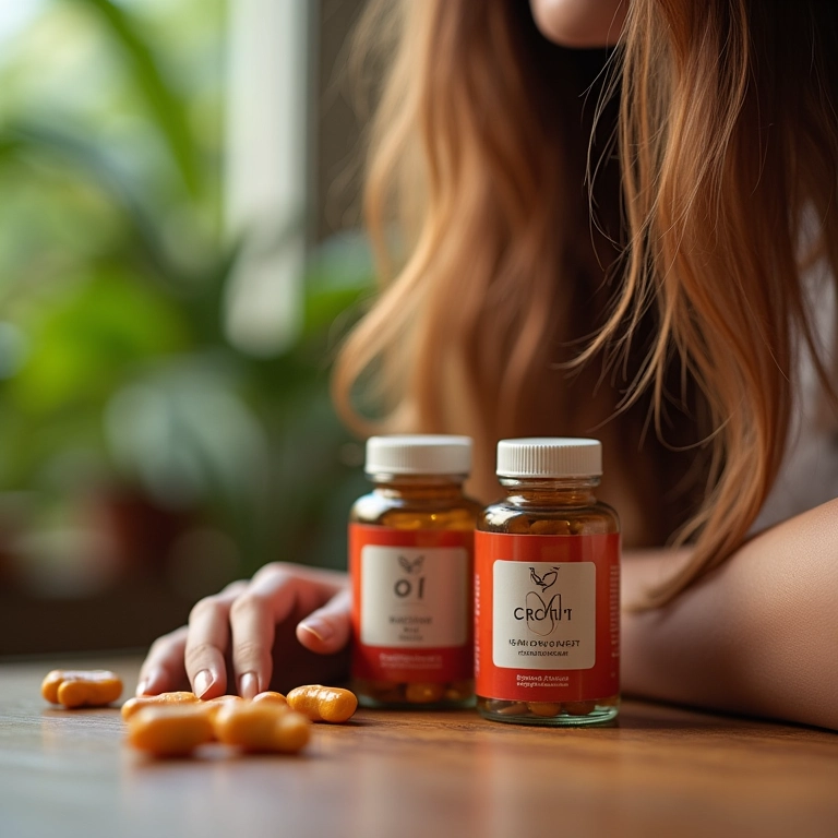 Suplemento de ferro ao lado de mulher com cabelo saudável, representando o combate à queda capilar.