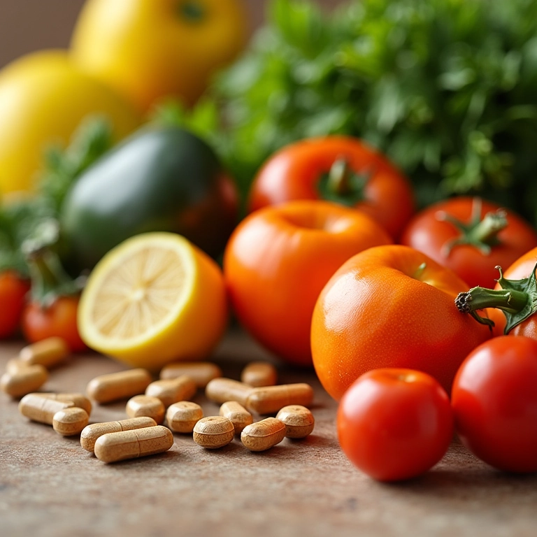 Suplementos vitamínicos e alimentos naturais.