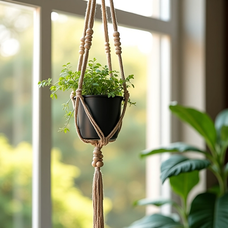 Suporte de planta em macramê adornado com contas de madeira pendurado em janela ensolarada.