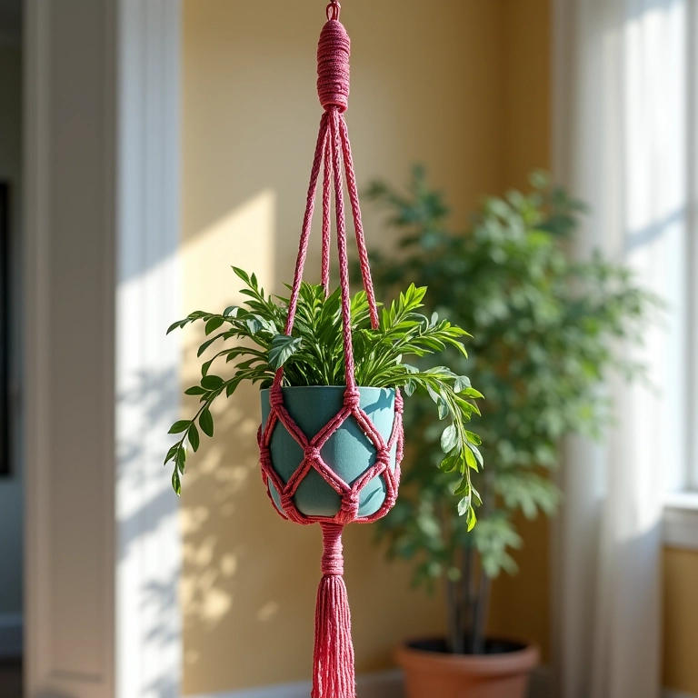 Suporte de planta em macramê colorido com franjas longas em sala estilo boêmio.