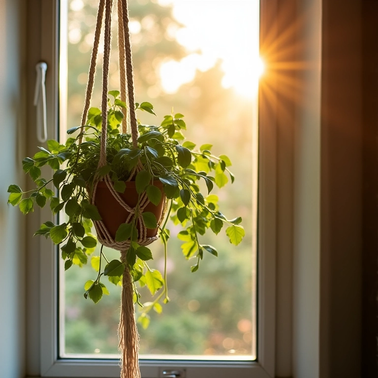 Suporte de plantas suspenso em macramê, com uma planta exuberante e luz natural.