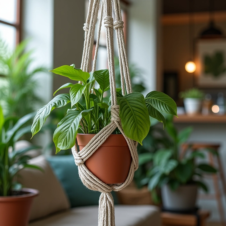 Suporte de vaso de macramê com nó cachimbo em uma sala de estar aconchegante.