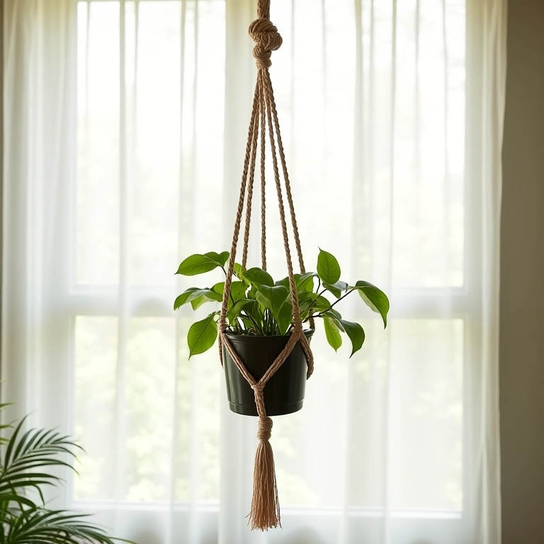 Suporte de vaso de macramê com nó de laçada pendurado em uma janela ensolarada.