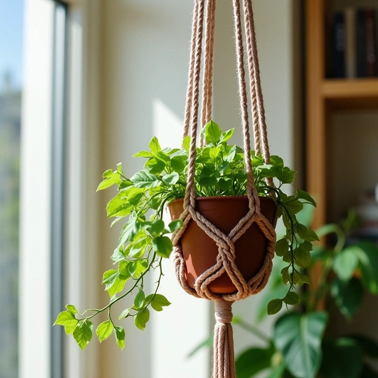Suporte de vaso de macramê com nó espiral (nó festonê) com uma planta pendente.