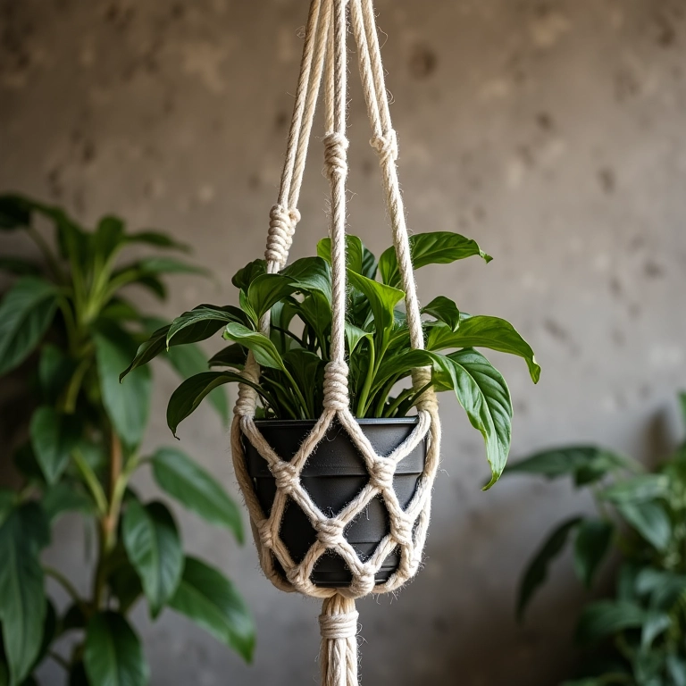 Suporte de vaso de macramê com nó quadrado pendurado em uma parede texturizada.