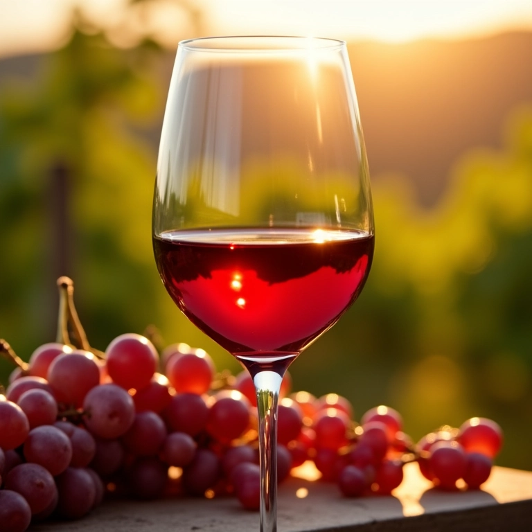 Taça de vinho Chianti Classico com vinhedos ao fundo.