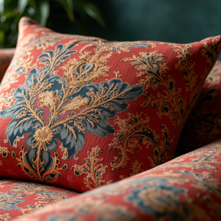 Tapeçaria fina em sofá de luxo com padrões intrincados e cores vibrantes.