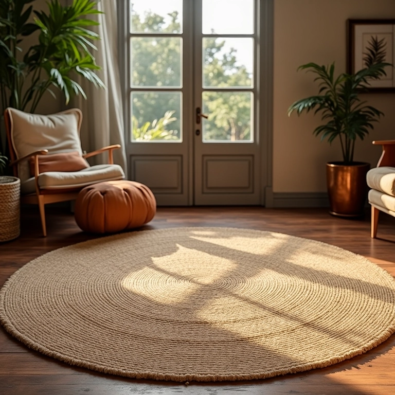 Tapete de juta natural em sala de estar charmosa com decoração artesanal brasileira.
