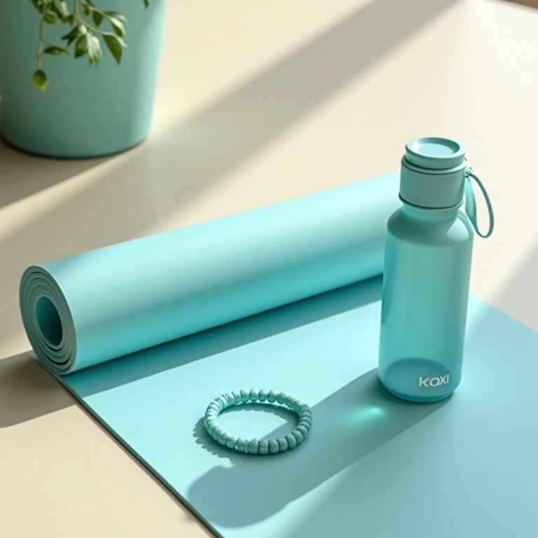 Tapete de yoga, garrafa de água e acessórios em cores calmantes.