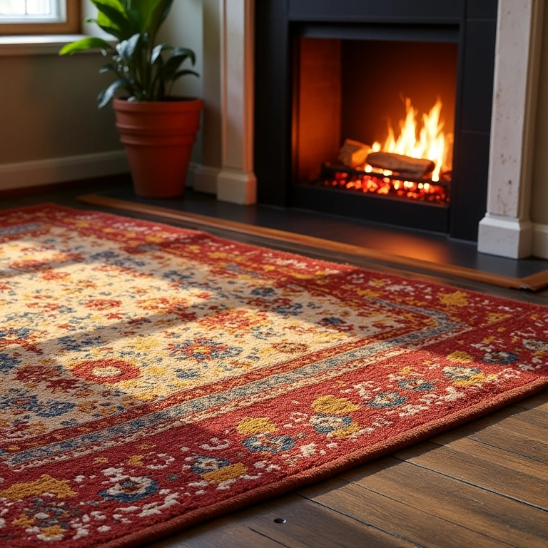 Tapetes aconchegantes em sala com lareira, com estampas e cores vibrantes.