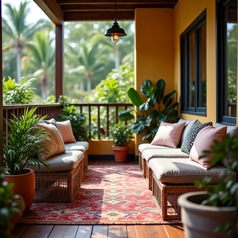 Tapetes e almofadas coloridas para aconchegar varanda pequena.