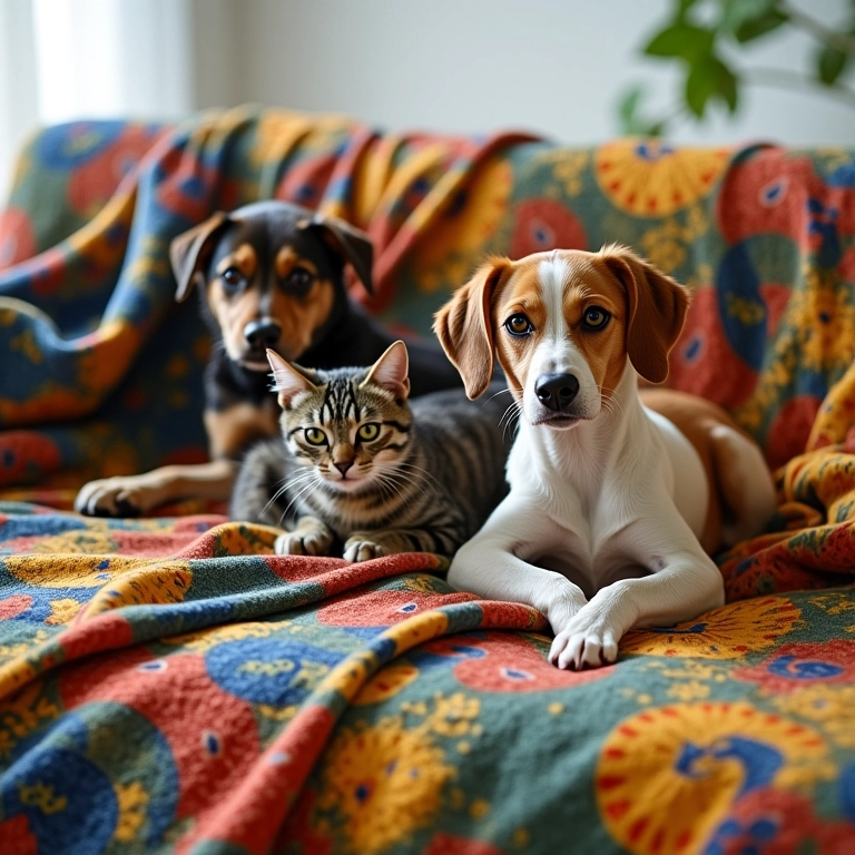 Tapetes e mantas confortáveis para pets no sofá.
