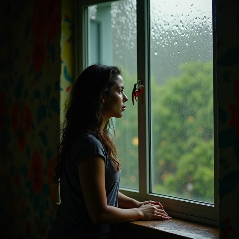 Taurina contemplativa em dia chuvoso, refletindo sobre o amor.