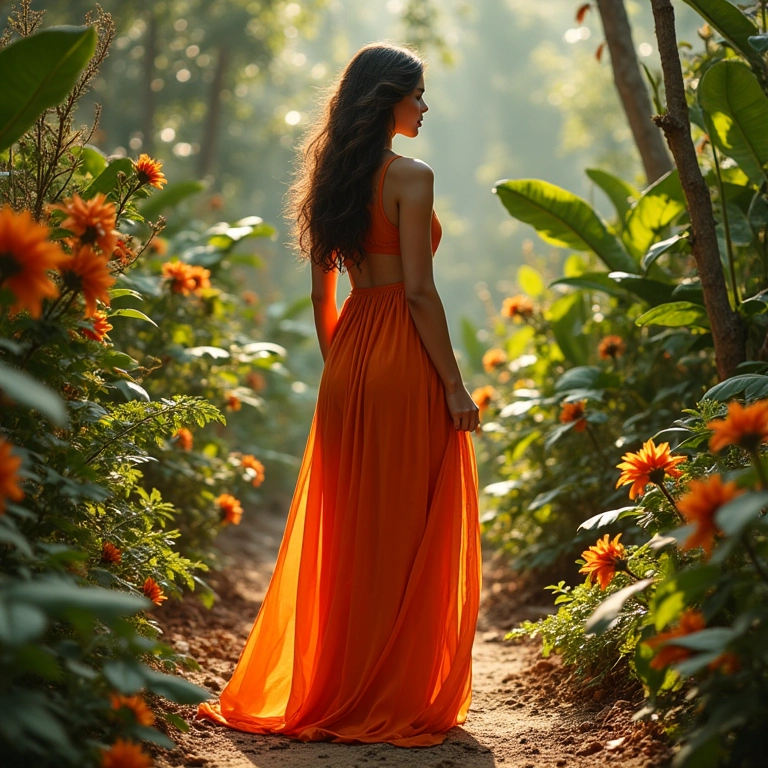 Taurina sob a influência de Vênus em jardim exuberante.