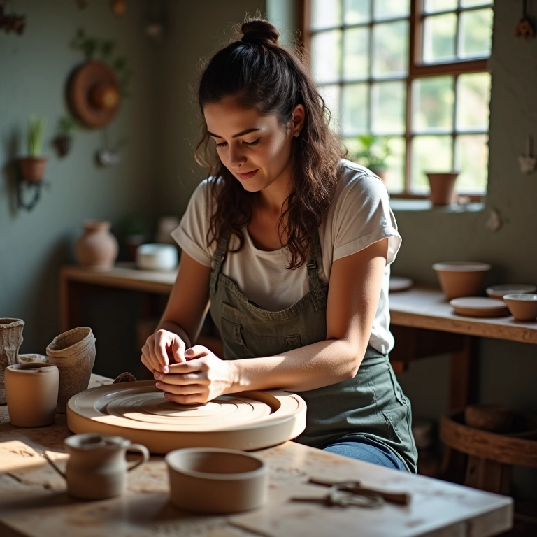 Taurina trabalhando com cerâmica em estúdio ensolarado.