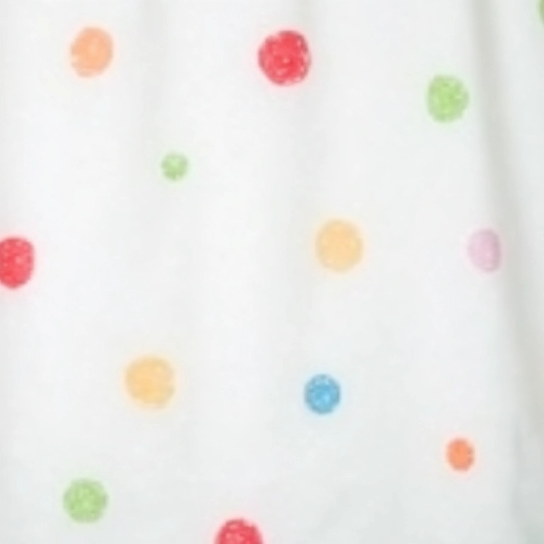 Tecido branco com bolinhas coloridas tie-dye em close-up.